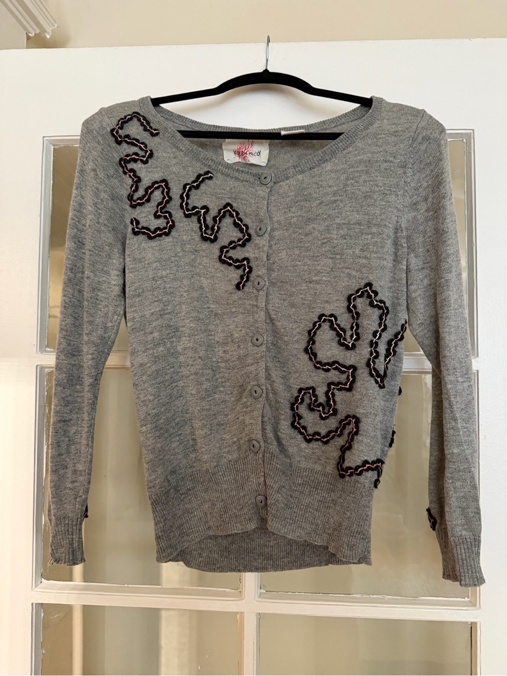 Anthropologie Gray Cardigan with Black and Pink Embroidered Trim